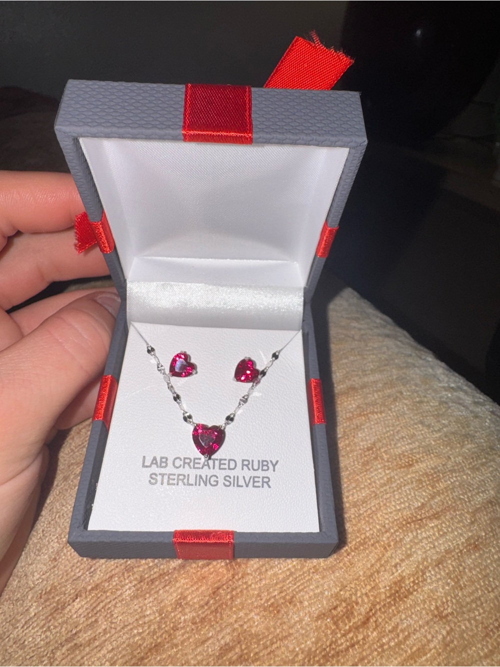 Sterling Silver Lab-Created Ruby Heart Necklace & Earrings Set